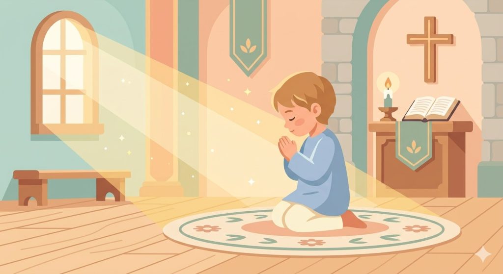 L'Innocenza dell'Infanzia - un bambino inginocchiato con le mani giunte bagnato da un raggio di luce